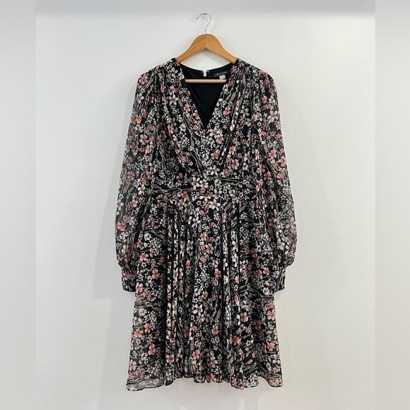 Tommy Hilfiger Floral Long Sleeve V-Neck Faux Wrap Chiffon Dress 14 - Picture 2 of 11